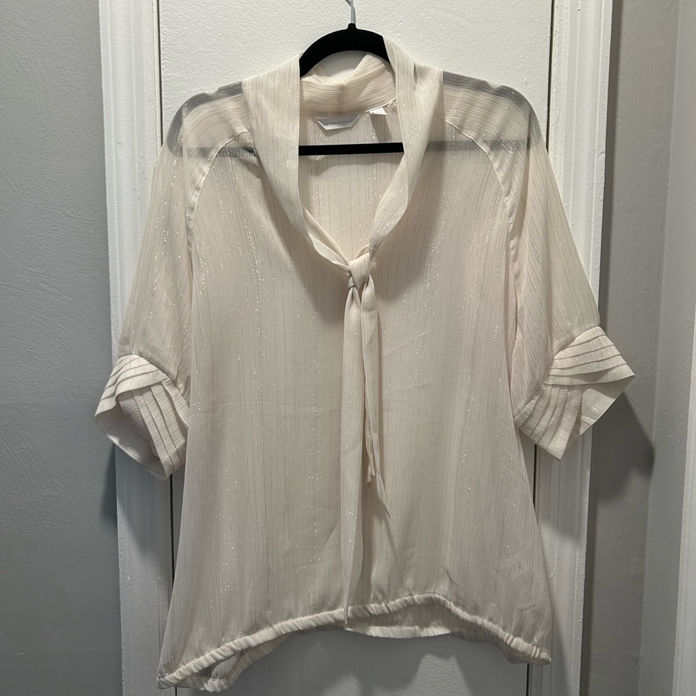 New York & Company sheer cream blouse with gold threading running through.